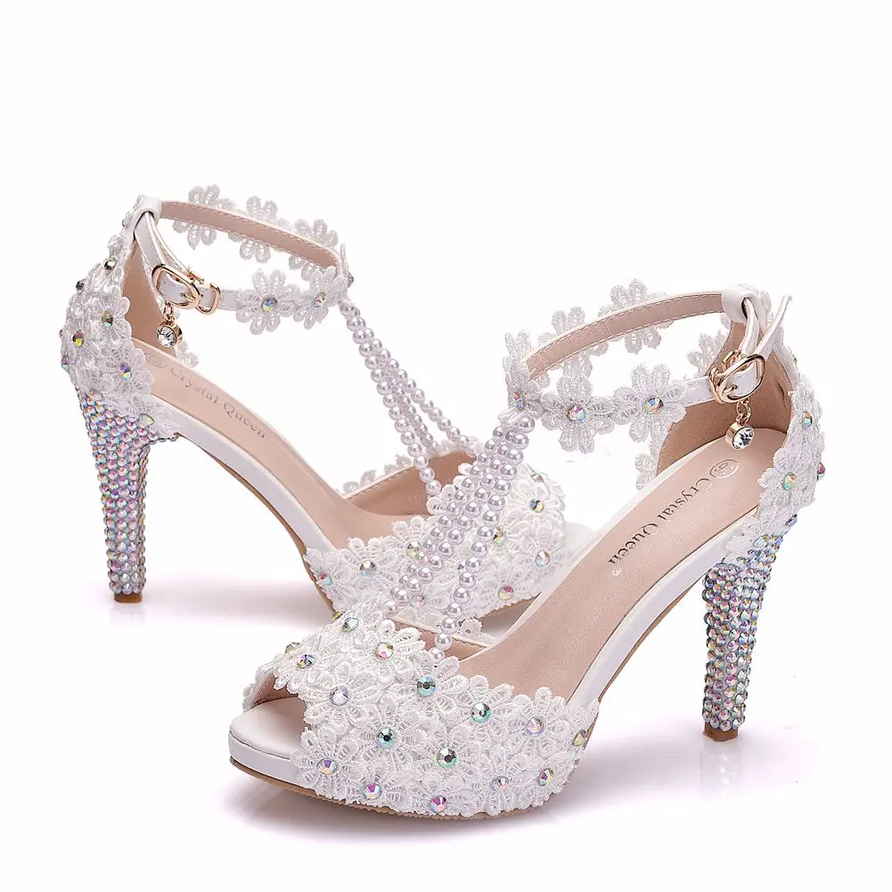 
Luxury Quality White Lace Tassel Beading Rhinestone Heel Peep Toe Platform Sandals Open Toe Women Thin High Heel Pumps Shoes 