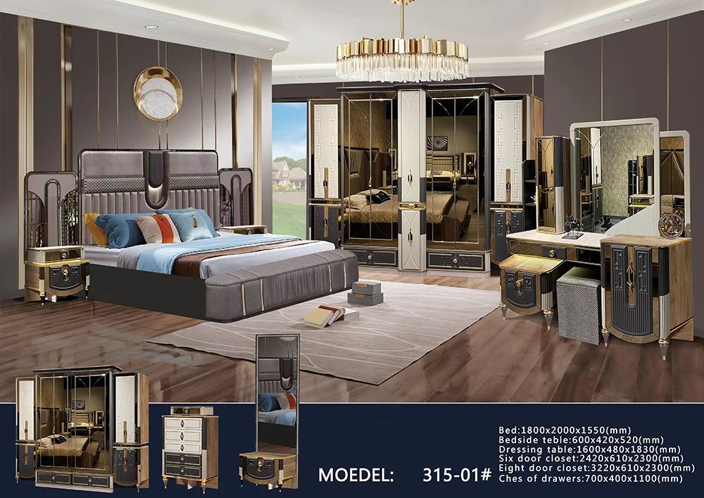 Modern Design 5 Pcs  Luxury King Size  Bed Mdf Bedroom Furniture Set  Large 7Doors Wardrobe  MDF Wooden Bedroom Sets Furniture