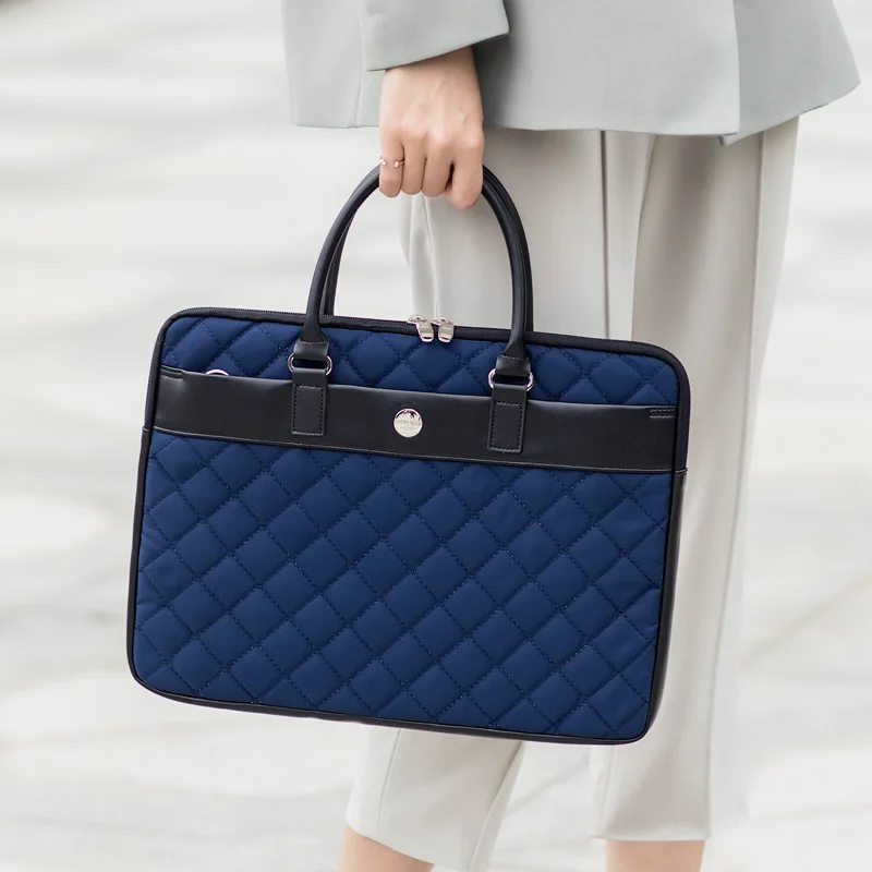 Wholesale High Quality 14 Inch Laptop Bag Business Ladies Fashion Plaid Stitching Handbag