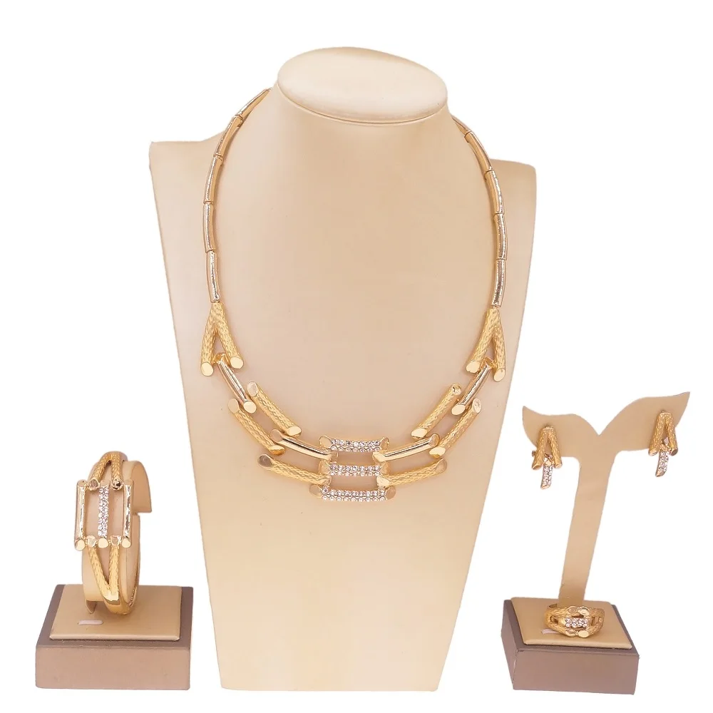 High Quality Luxury Decoration Necklace Sets 18 k Bride Collarbone Jewelry Set 18 K Gold Plated African Jewels Earring Bangle