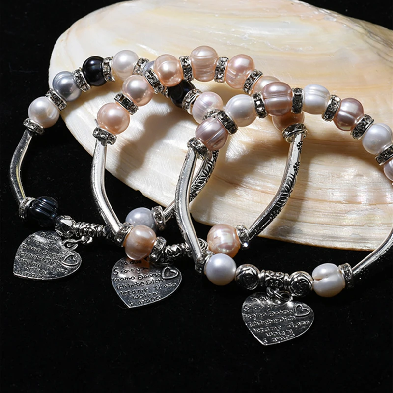 Ladies Alloy Multicolor Pearl Bead Bracelet Freshwater Charm Heart Design Cuff Pearl Bracelet Bangles