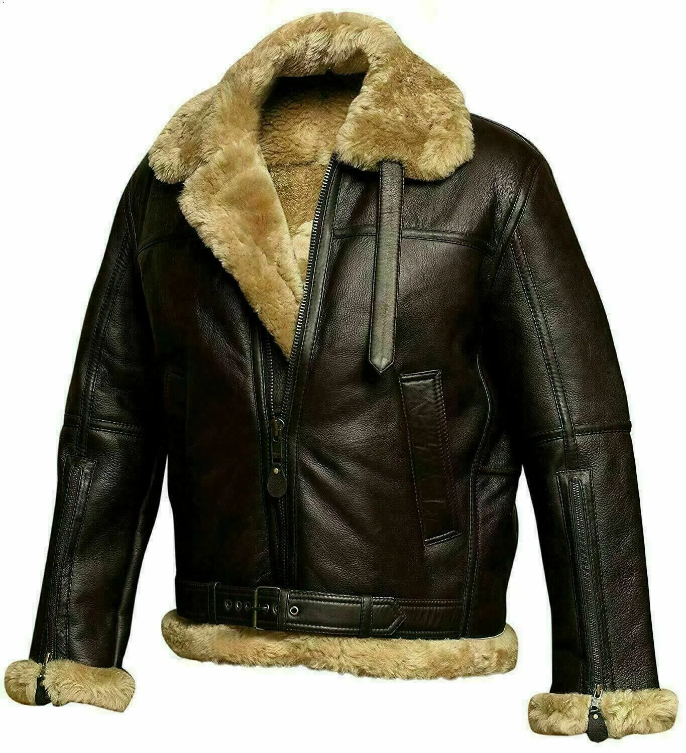 Personalized Custom Made Tailored Mens Sheep skin Real Fur lined Bomber Brown genuine Leather Jacket