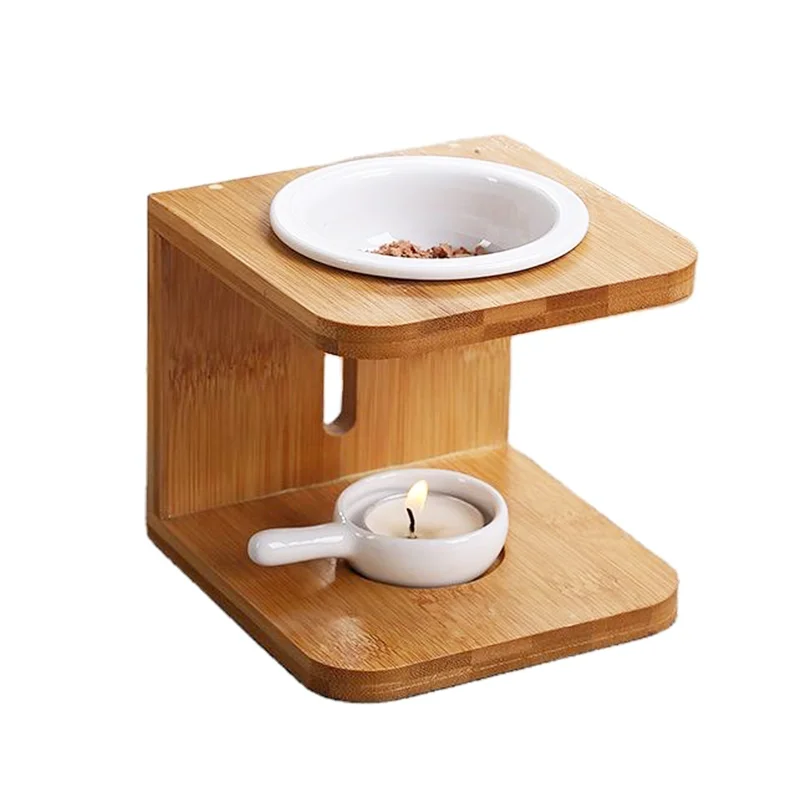 Bamboo Frame Aromatherapy porcelain Essential Oil Scented Wax Melt Burner with ceramic Candle Holder