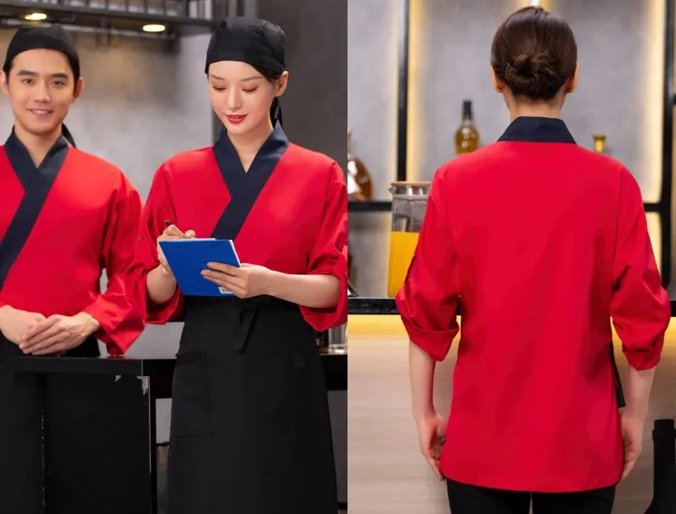 Chef Coat for Men Korean Sushi Restaurant Women Kimono 3/4 Sleeve Chef Uniform Japanese Long Sleeve Autumn and Winter Opp Bag