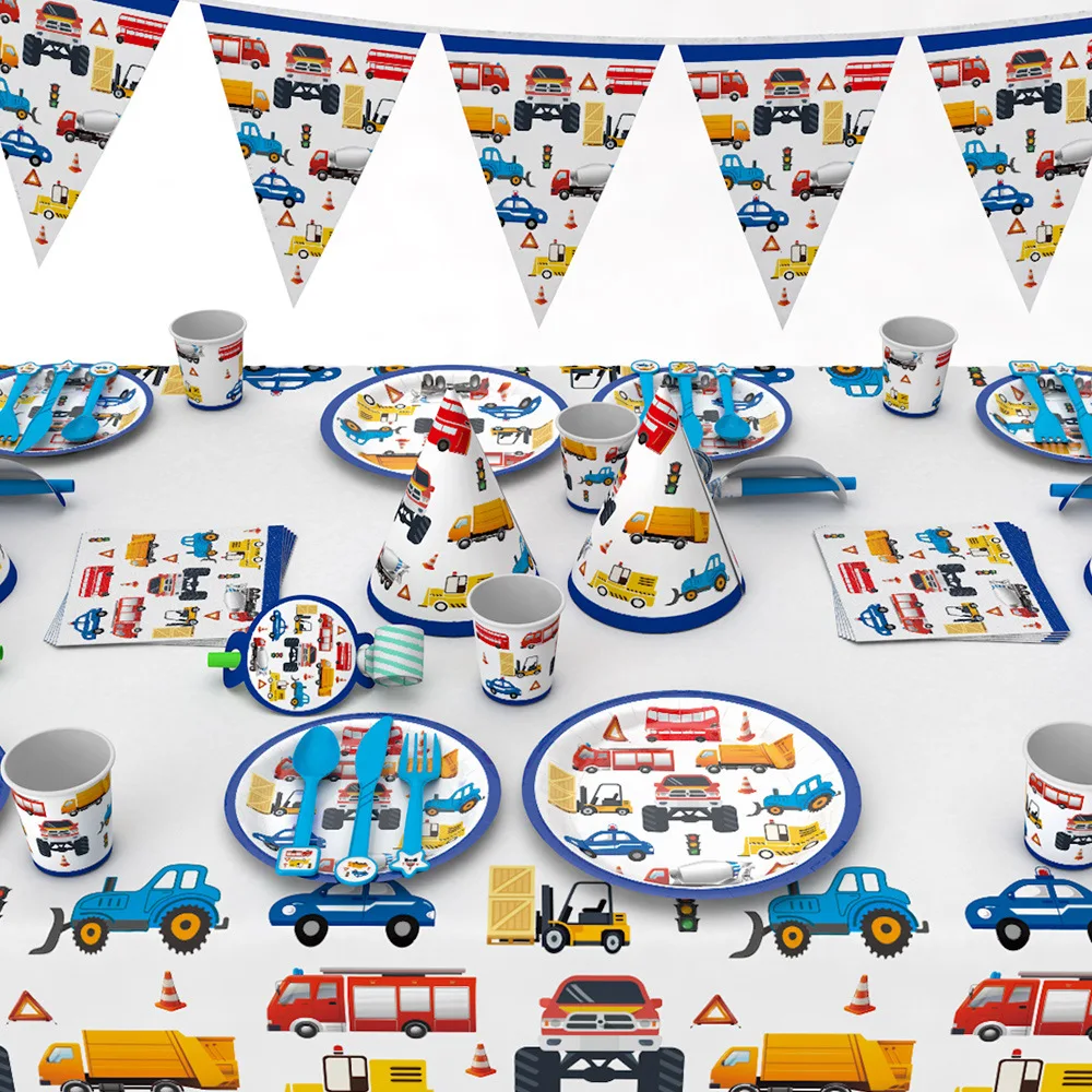 Construction Tractor Theme Disposable Tableware Paper Cup Plates Napkins Truck Vehicle Excavator Kids Party Decorations Supplies