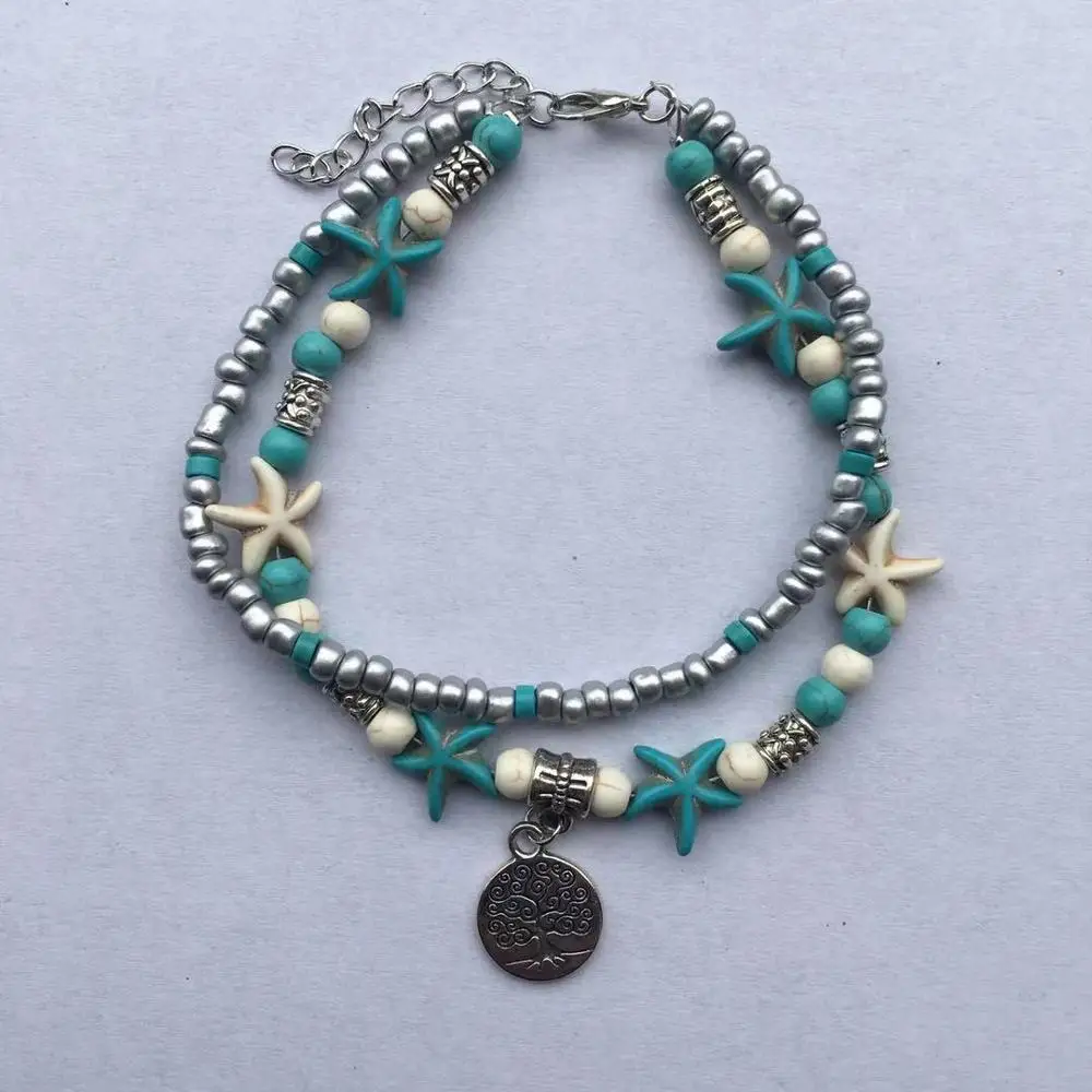 Starfish Multilayer Charm Anklet Beads Sea Handmade Boho Elephant Tree of Life Anklet Foot Jewelry for Women