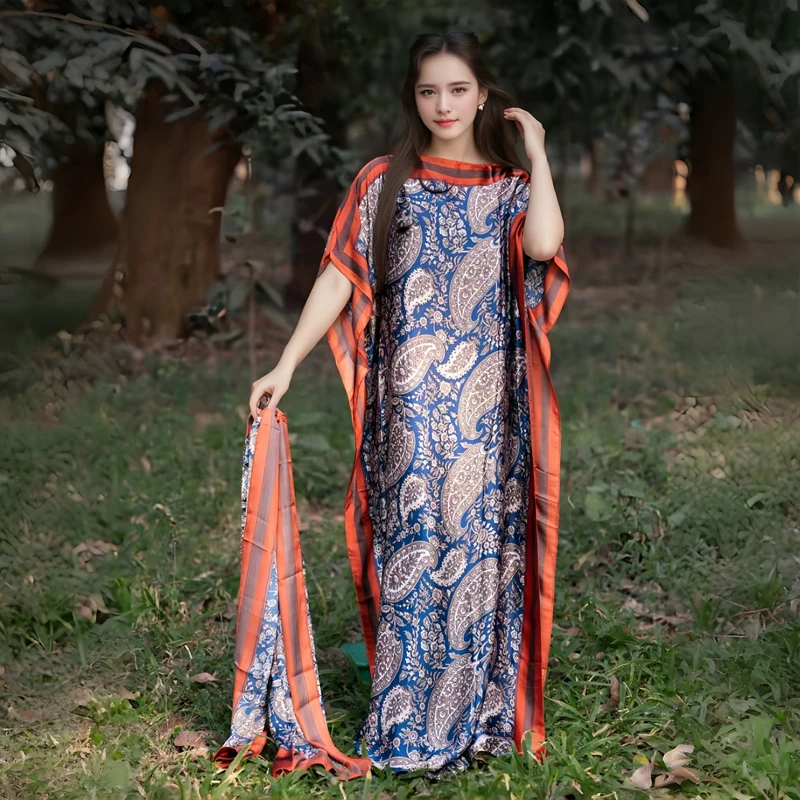 Middle East Islamic Muslim Party Dress Luxury Designer Silk Printed Kaftan Fashion Silk Dressing Gowns For Women Large Size Robe