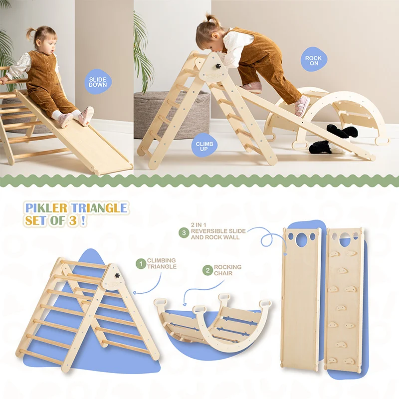 Xiair Wooden Montessori Pickler Triangle Arch Climbing Equipment Sets Foldable Piklers Climbing Triangle With Slide Ramp