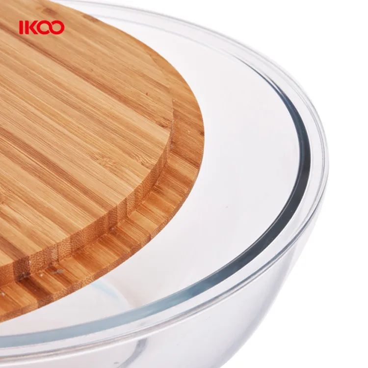 round glass fruit salad food prep serving bowl glass mixing bowl with wood lid