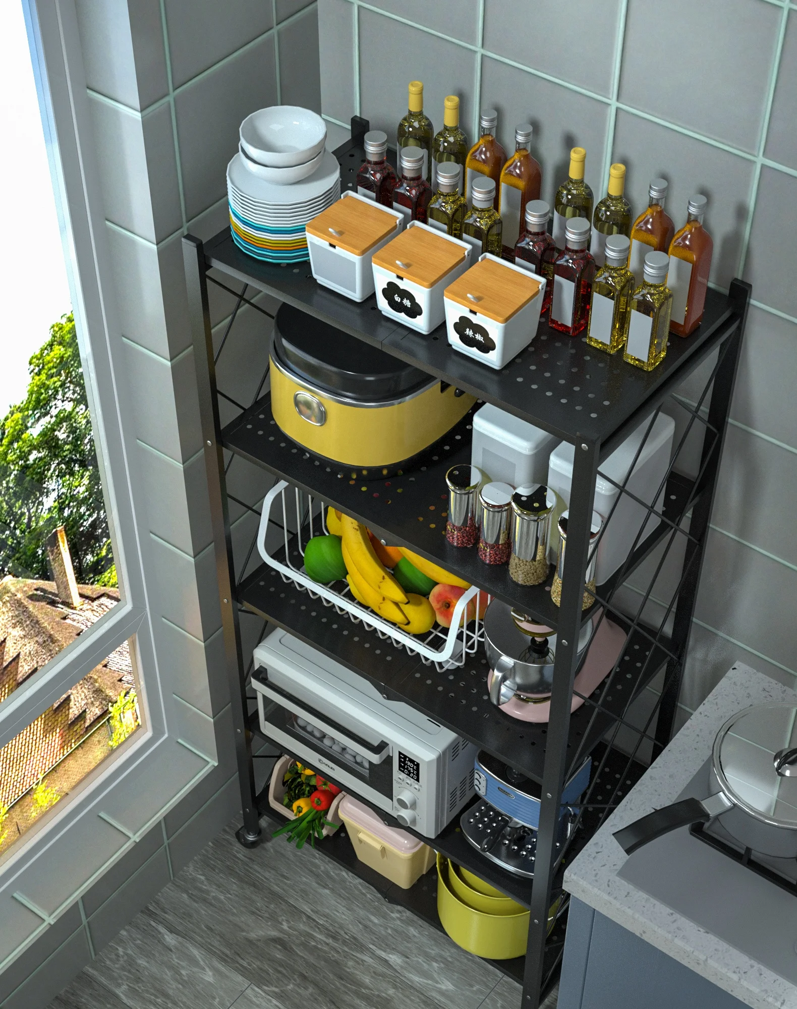 Multi-layer Folding Kitchen Display Shelf Foldable Kitchen Storage Rack Floor Type Rack Kitchen Organizer Rack