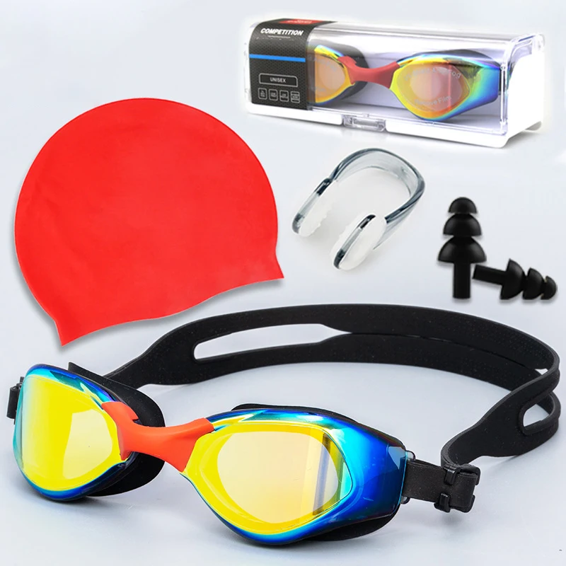 Wholesale Swim Cap and HD Waterproof Glasses 4 Piece Sets Include Earplugs Nose Clip Swimming Custom Adult Swim Set