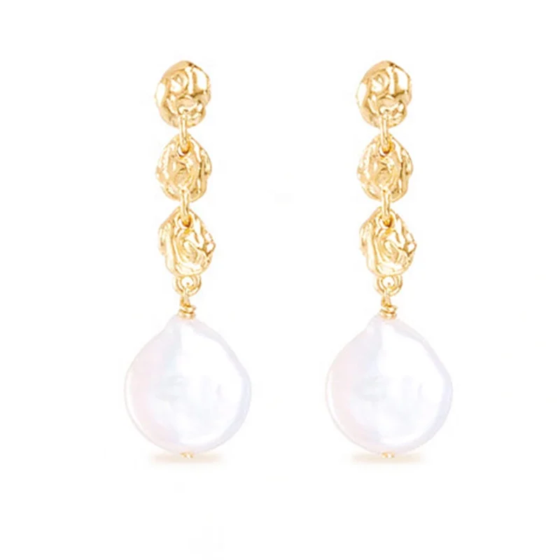Milskye chic fine jewelry 925 sterling silver 18k gold plated natural drop coin freshwater pearls stud earring