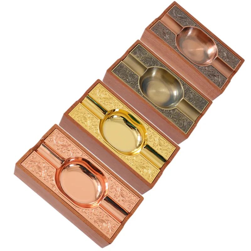 Luxury Ashtray and Cigar Holder Gift Set Custom Logo Rose Gold Metal with Wooden Accessories for Cigars