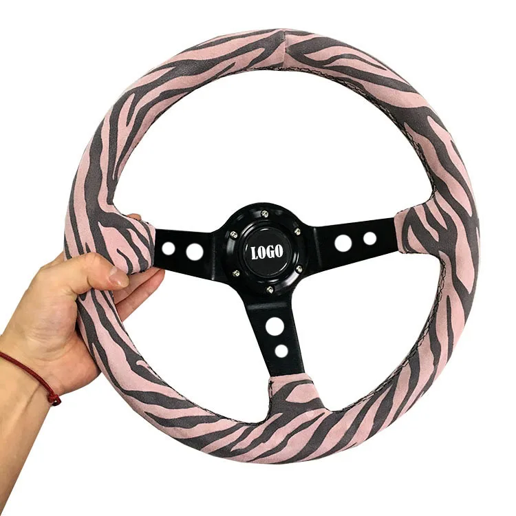 2023 New Customized Universal Leopard Print Car Modified Steering Wheel 350MM Racing Suede Sports Steering Wheel