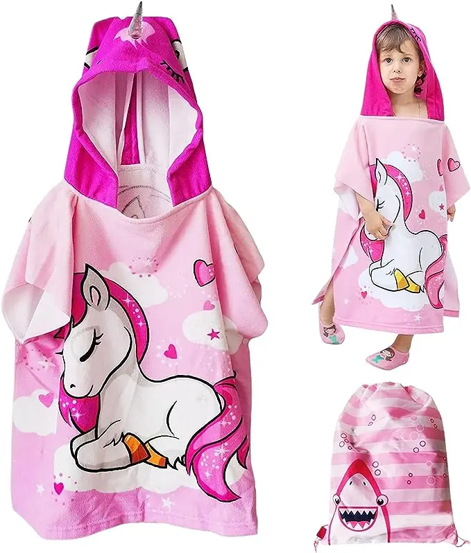 Hot Selling printing Custom Beach Swim Quick Drying Cartoon  Kids Poncho Children Hooded Beach Towel