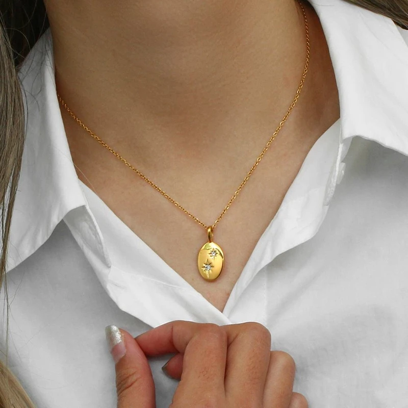 China OEM Simple Style Oval Octagonal Star Zirconia Pendant Stainless Steel Necklace Gold Plated