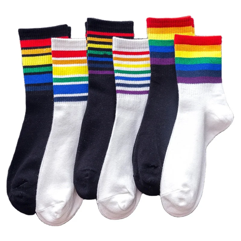 Wholesale fashion breathable colorful stripe basketball sports running athletic 100% cotton rainbow sock