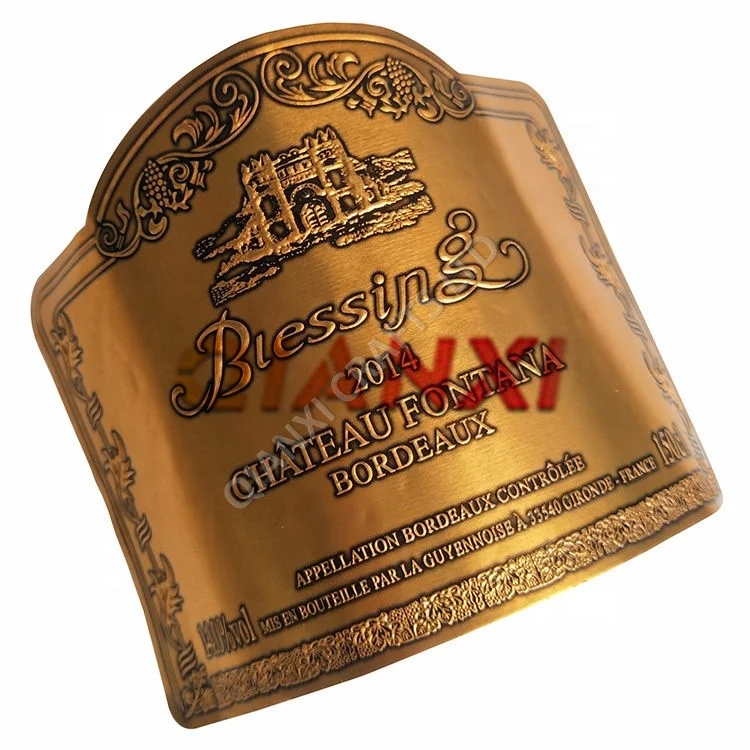 Custom printing silver gold foil embossed metal sticker red wine bottle label