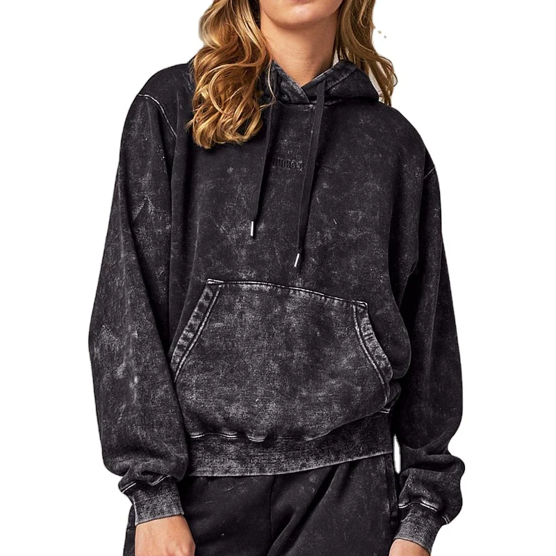 Eye Catching Acid Wash Oversized Dark Grey Sport Hoodie And Loose Fit Joggers Set Sweat Suits For Women