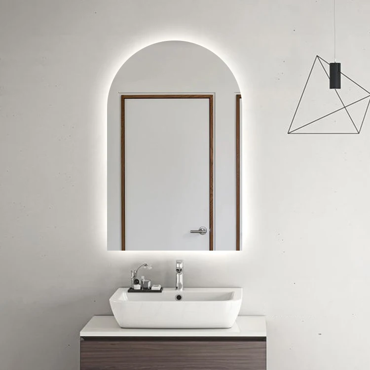 Design Arch Door Mirror with Led Light Bathroom Decorative Wall Mirror Time Demister