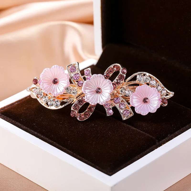 Золотая заколка-пряжка для хвоста, блестящие Кристальные прочные пружины, заколка для волос со стразами, двойной цветочный зажим для волос