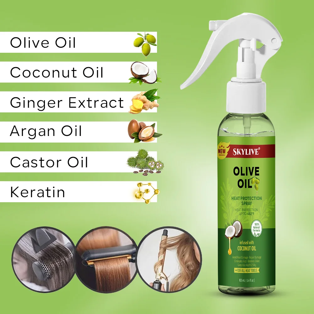 Private Label Olive Oil Anti Frizz Shine Glossy Smooth Tame Hair Detangler Spray Heat Protectant Hair Mist Spray