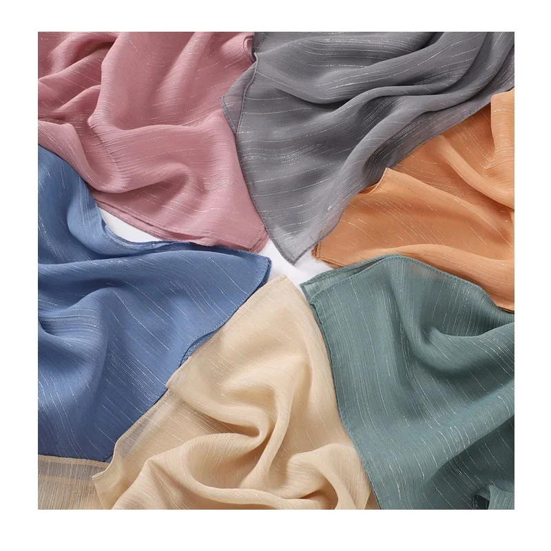 Wholesale Plain Silver Glitter Shimmer Bubble Chiffon Hijab Sparkle Veil Ramadan Shawls Beach Headscarf Bufandas Muslim Headband