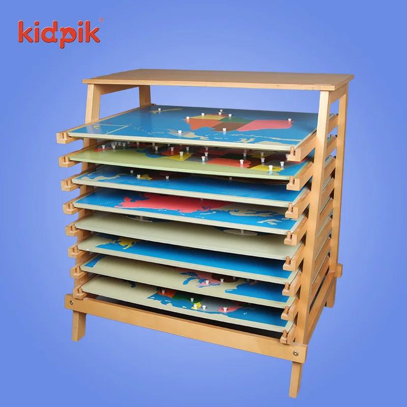 Multipurpose Montessori Educational Toys Wood Shelves Montessori Wood Frame World Map Shelf Bookshelf For Kindergarten