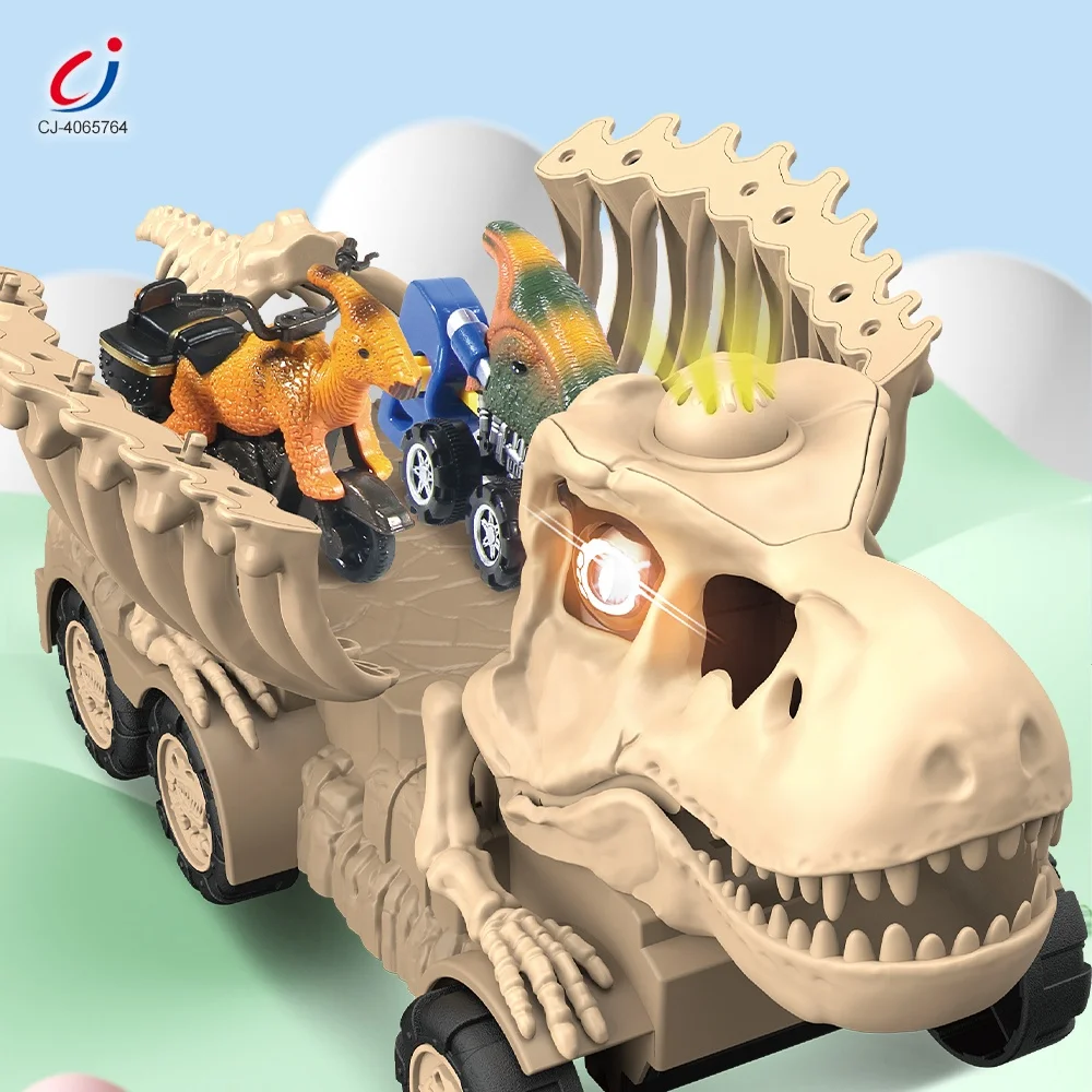 Chengji wholesale portable dinosaur inertia dino truck toy bone shape car dinosaur transport truck play set with light and sound