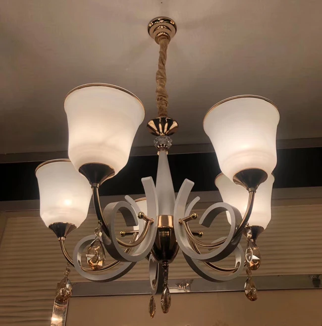 High quality french gold colored iron chain chandeliers ,decorative glass and wood chandelier (FX9350-5p)