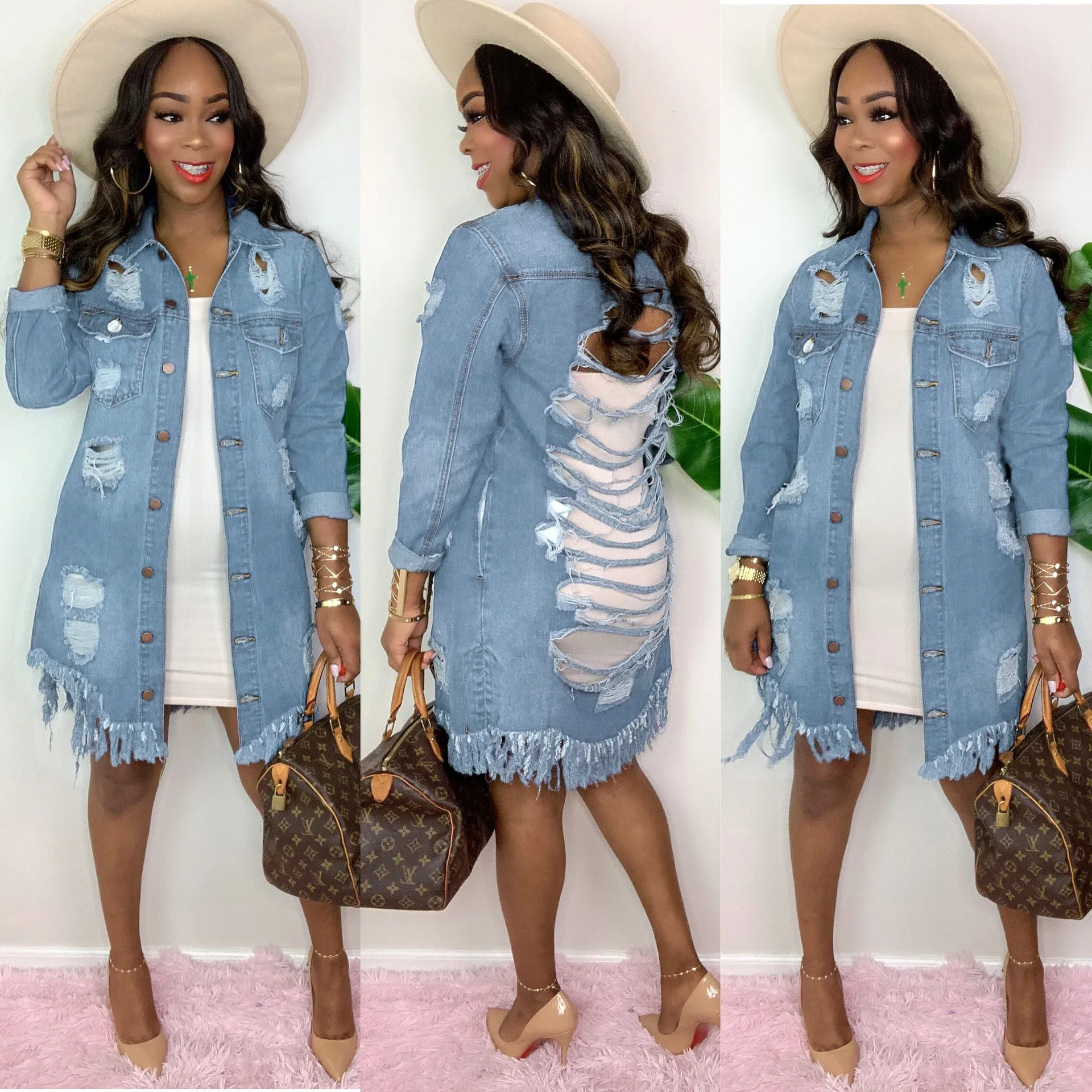 Женская джинсовая куртка, женское джинсовое пальто с дырками, повседневное уличное джинсовое пальто с длинным рукавом