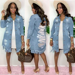 Женская джинсовая куртка, женское джинсовое пальто с дырками, повседневное уличное джинсовое пальто с длинным рукавом