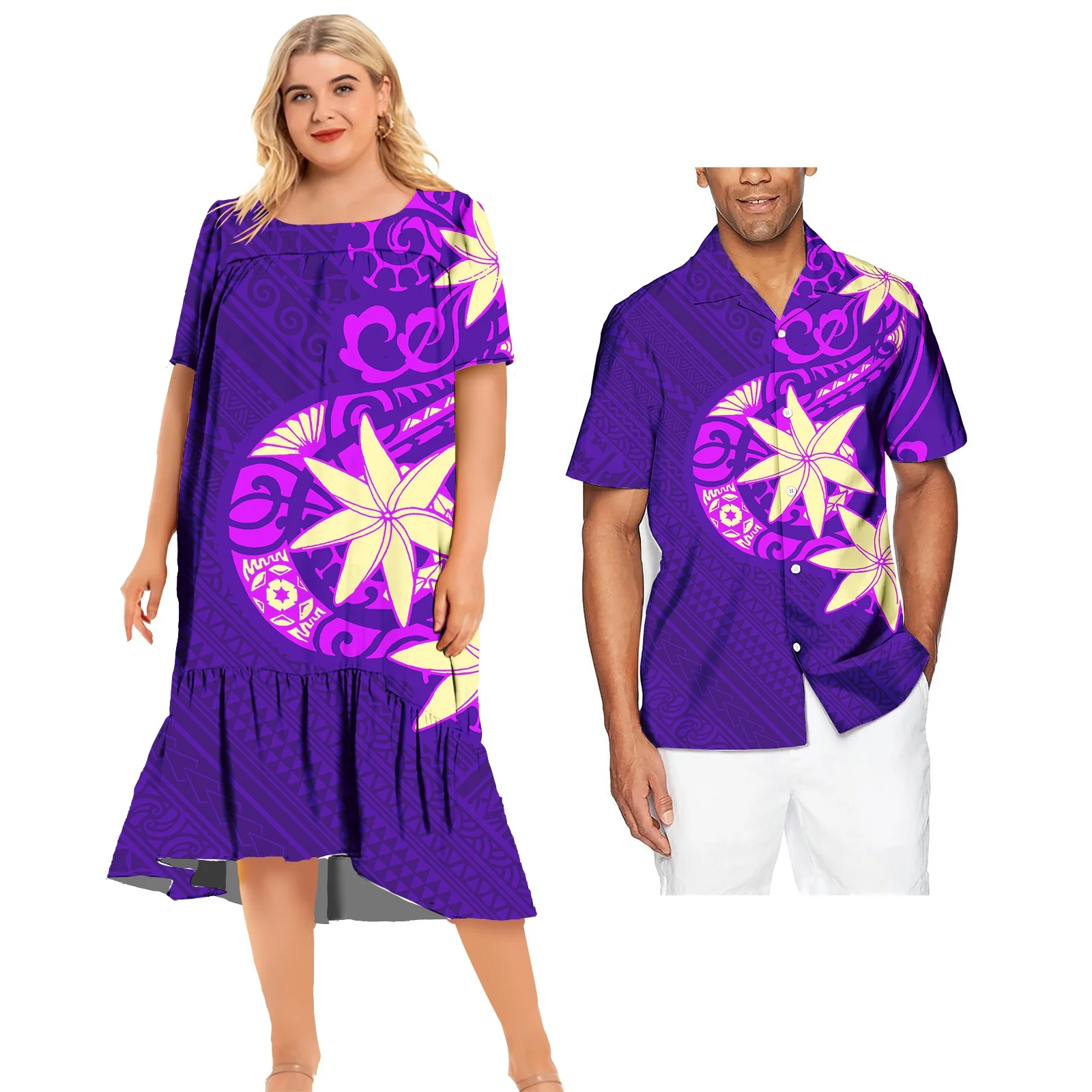 Puletasi Samoa Tribal Design Dress Match Long Sleeve Buttons Aloha Shirt Custom Pattern Polynesian Matching Couple Outfits