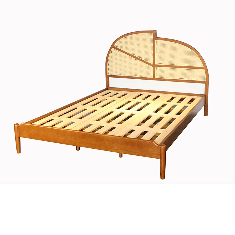Modern Nordic Bedroom Furniture Solid Wood Bed Wooden Frame Bed Woven Rattan Cane Double 1.5m 1.8m  Bed