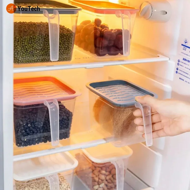 Plastic Refrigerator Organizer Food Storage Container With Lid Handle Fresh-Keeping Box Fridge Reusable Storage For Kitchen Tool