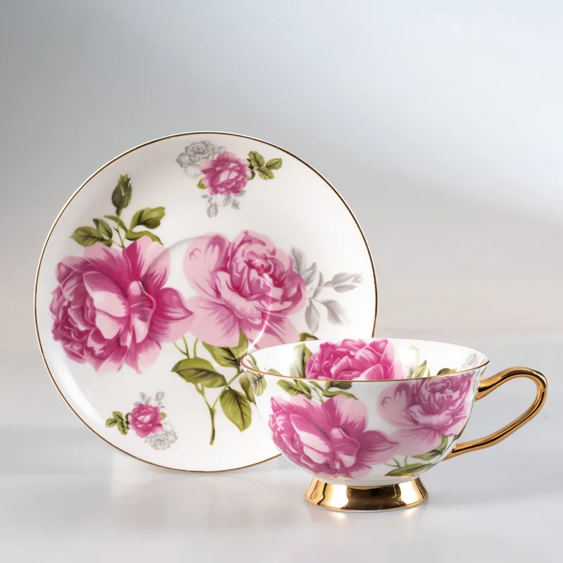 Graceful peony floral pattern bone china cup and saucer gift set coffee tea cup set with gold rim