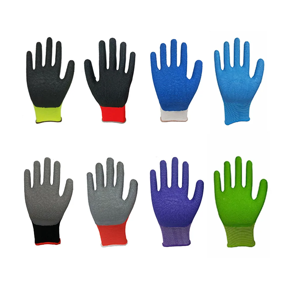 Industrial Labor En388 13 Gauge Red Black Anti Slip Grip Latex Crinkle Coated Construction Household Safety Working Gloves