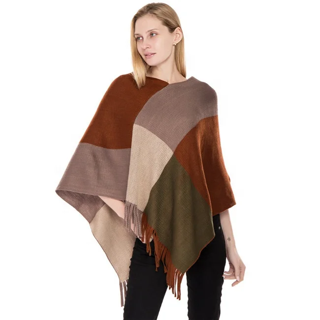 Fashion Plaid Knitted Poncho For Women Autumn Winter Imitation Cashmere Poncho Scarves And Shawls