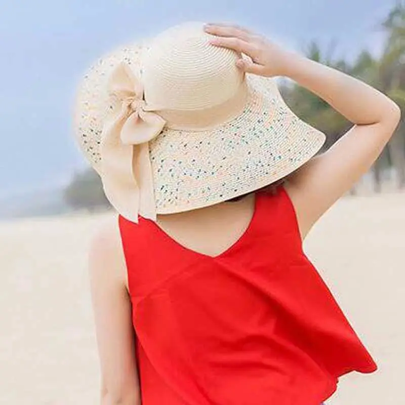
Fashion Straw Hat Ribbon Big Floppy Brim Visor Hat Summer Beach Visor Cap 