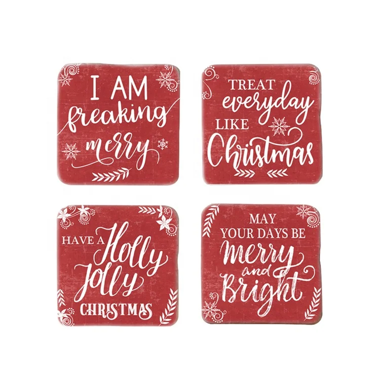 Wholesale Christmas style sets of 4 coasters ,letters UV printing tea or coffee cup wood and resin coasters