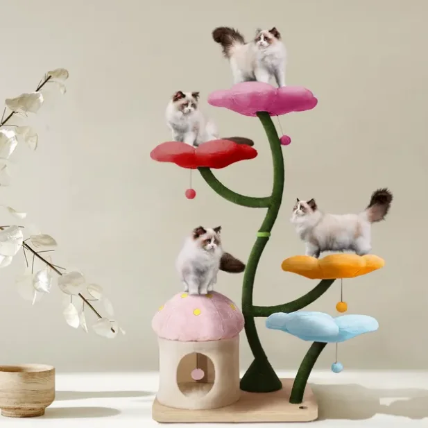 Colorful Tree Cat Flower House Design Wood Floral Cat Tree Tower Condo With Premium Plush And Sisal Posts Cat Furniture
