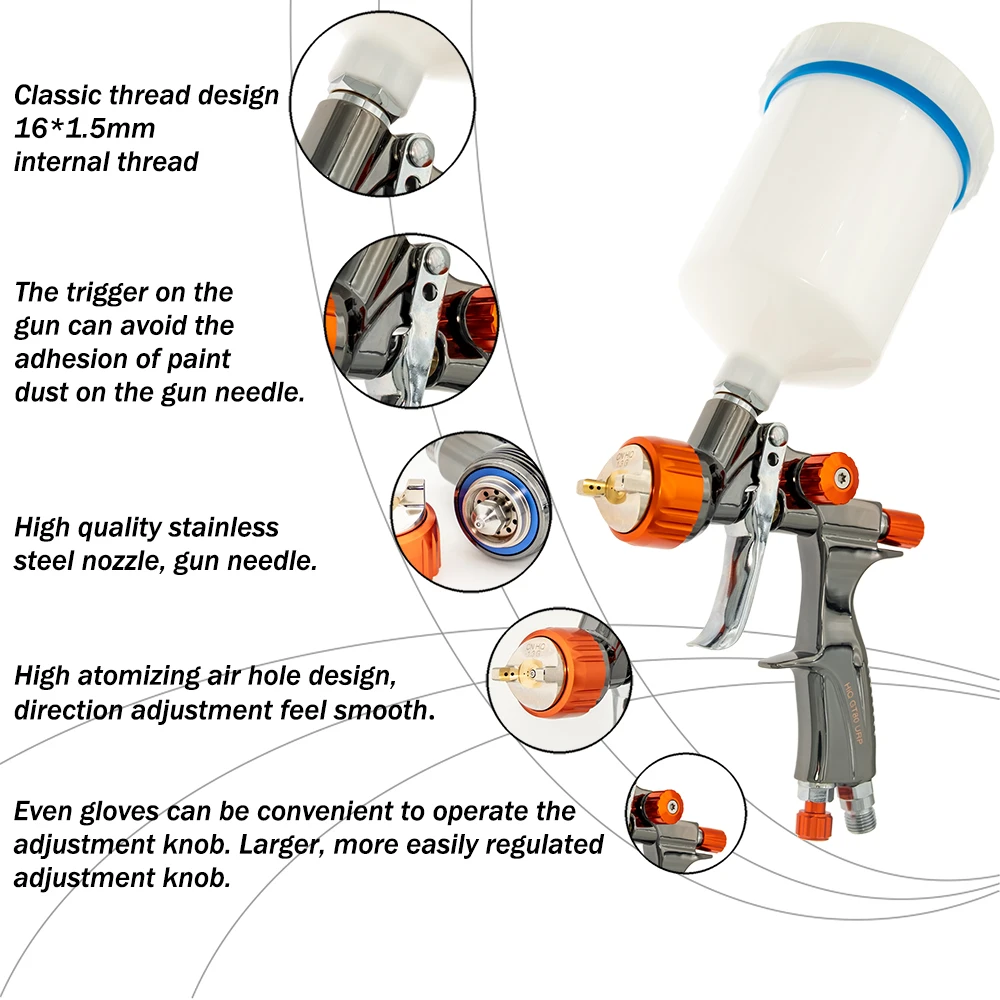 High Quality LVLP Spray Gun For Cars GT80 1.3/1.6/2.0mm Nozzle