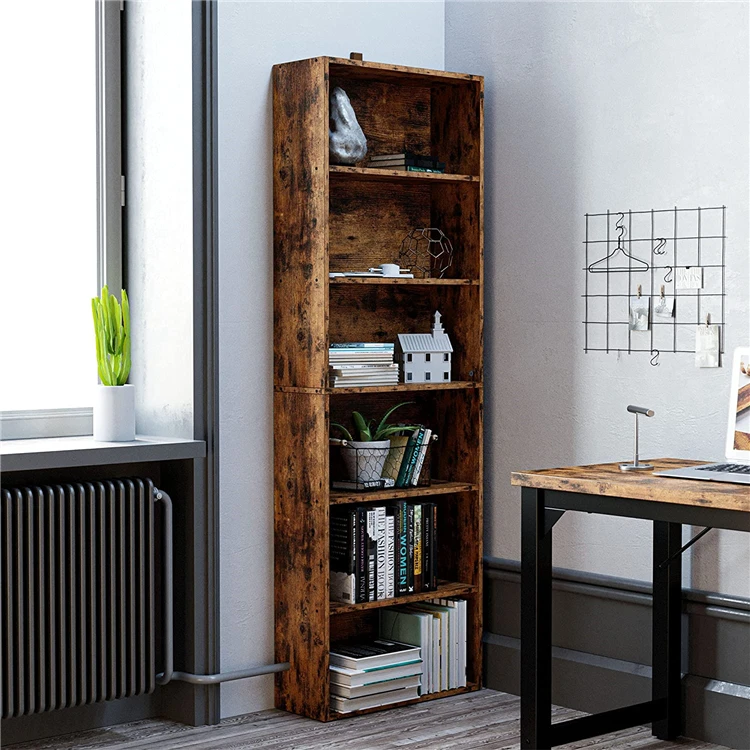 Six story simple standing oak bookshelf wooden storage rack for schoolroom