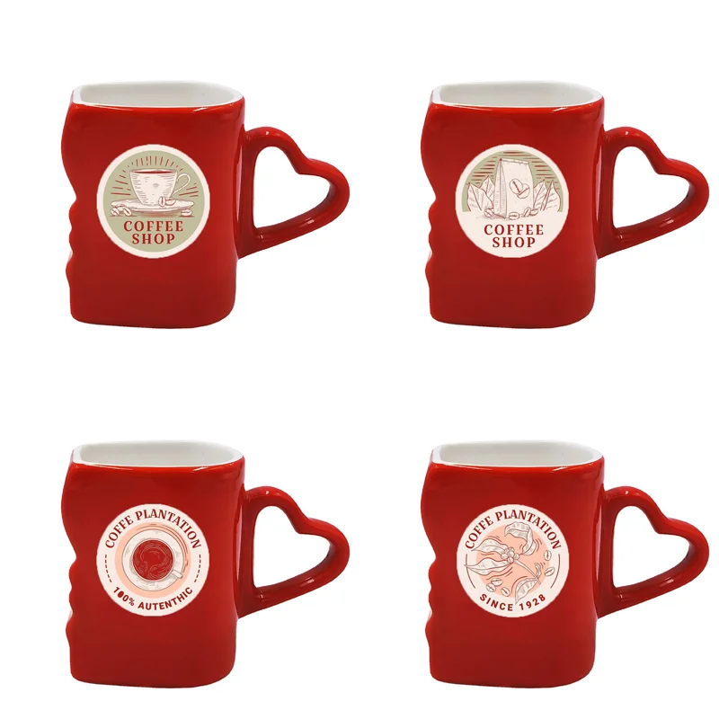 GZYSL Valentines Day Gift Minimalist Couple Mug Face Shape Ceramic Coffee Mugs With Heart Handle Red Heart Shaped Porcelain Mug