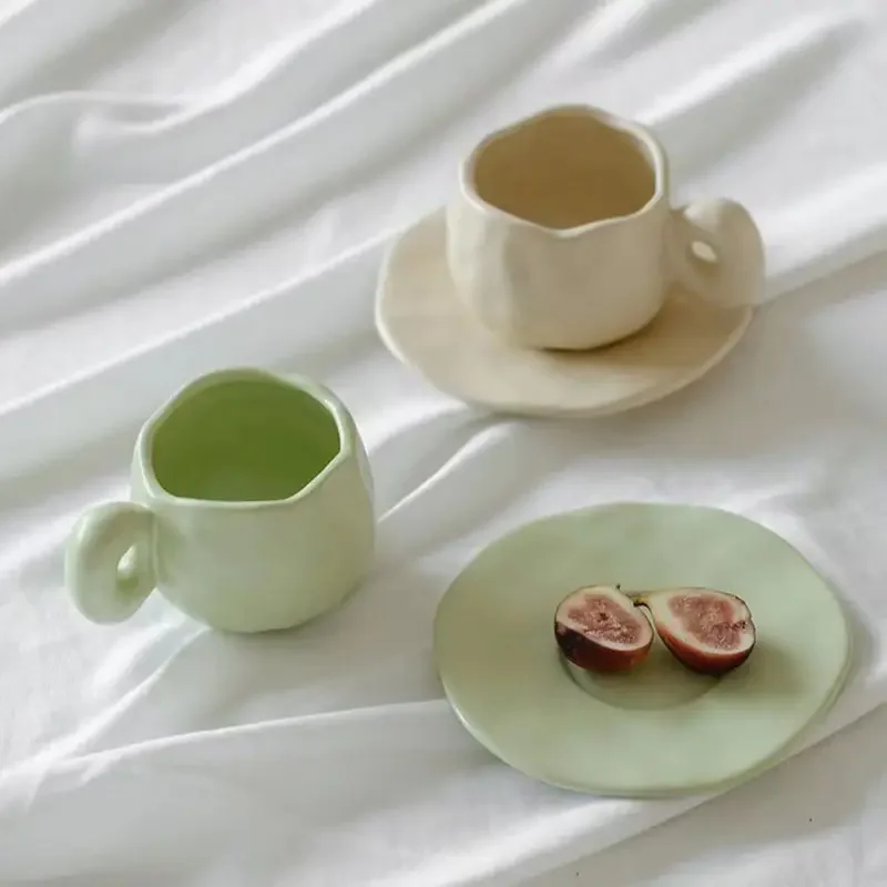 Korean ins style handcrafted irregular coffee milk tea cups with saucer aesthetic ceramic coffee milk tea mug