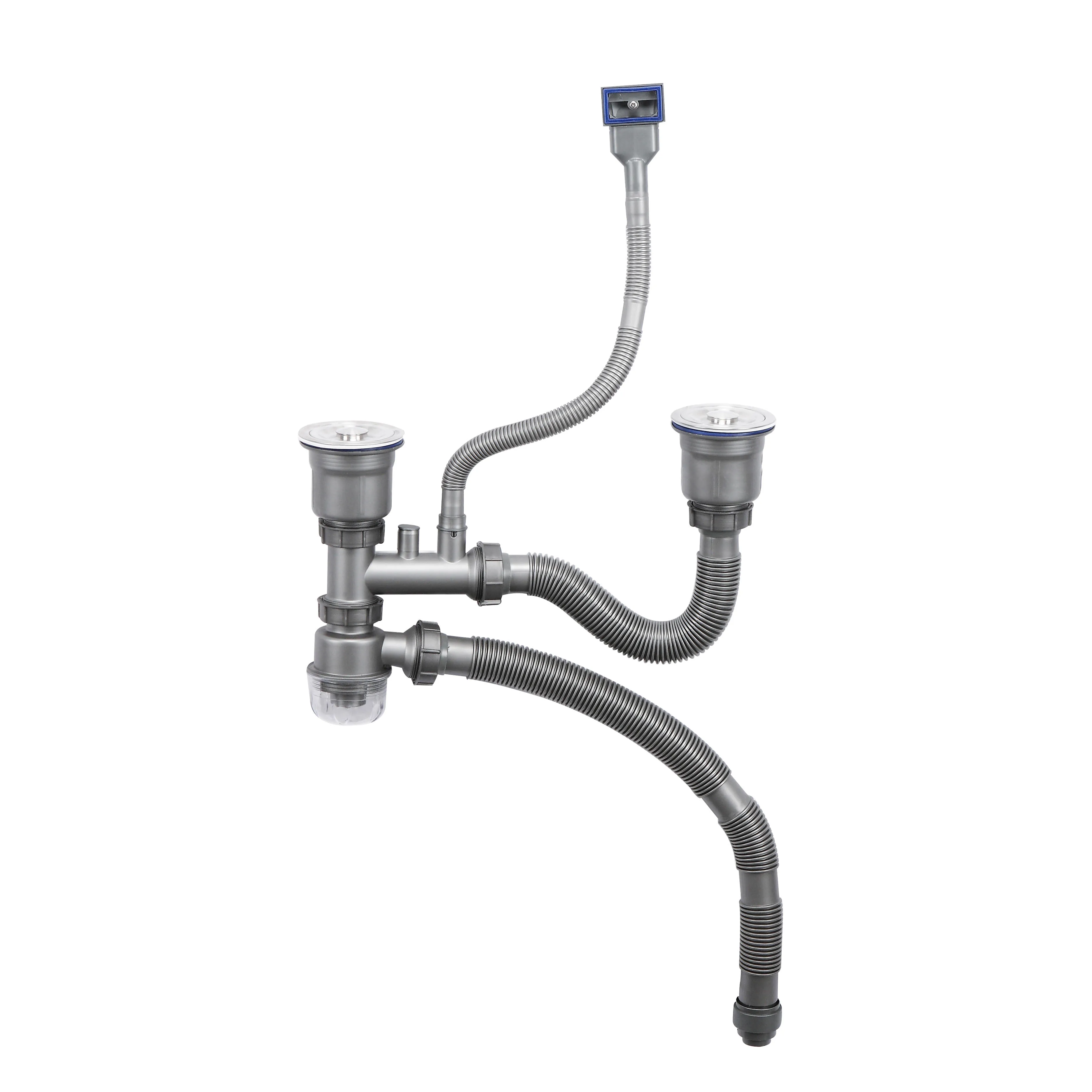 Боковой слив, двойная раковина, кухонный слив из нержавеющей стали, набор серебристо-серого цвета с переливной трубой, прозрачная чашка против запаха, фильтр SS