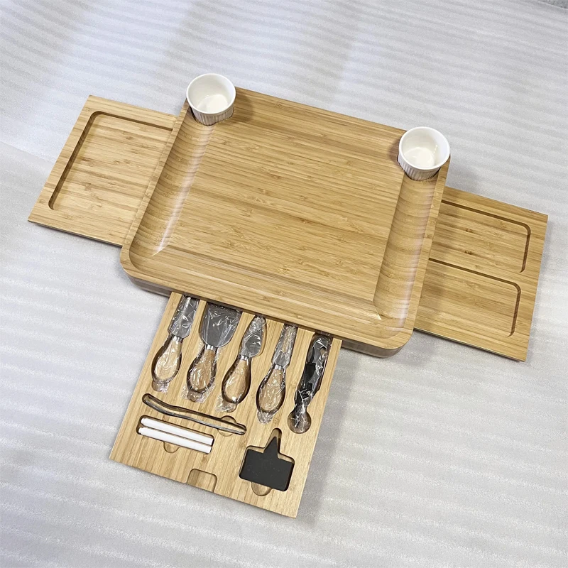 Charcuterie Board Square Wood Cheese Plate Platter Tray 3 4 Slide Out Drawers Bamboo Cheese Board With Knife Set