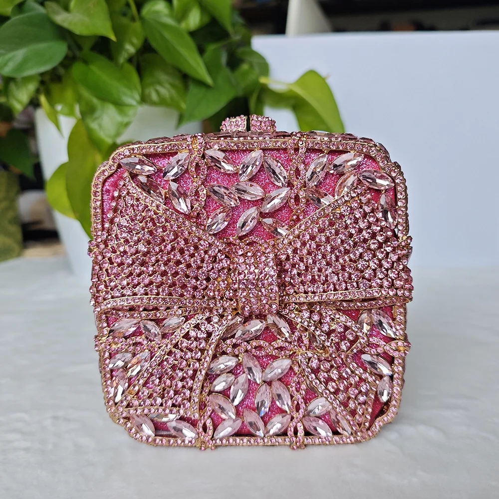 New Luxury Metal Evening Clutch Bags Bow Square Shape Rhinestones Party Purses Handbags Handmade Evening Bag Clutches For Ladies