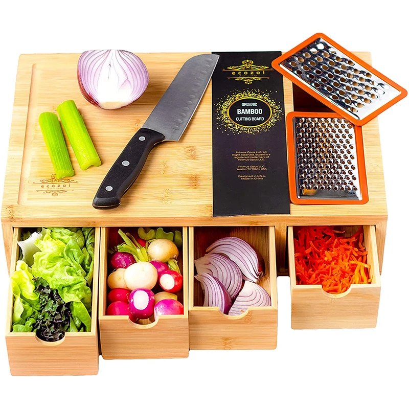 Custom Kitchen Cutting Chopping Boards Bamboo Cutting Board With Trays And 4PCS Drawer Organizer