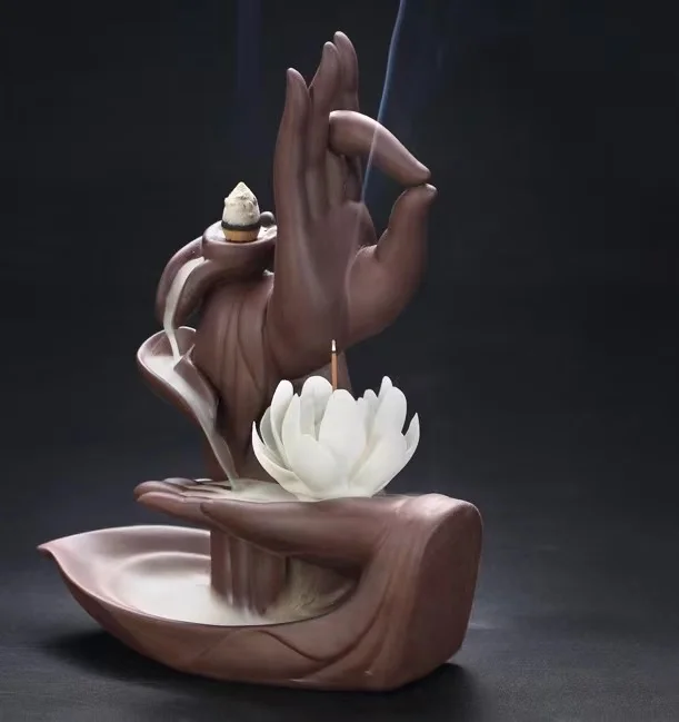 New Arrivals Purple Sand Buddha Hand Incienso Holder Flower Lotus Smoke Backflow Censer Ceramic Incense Burner